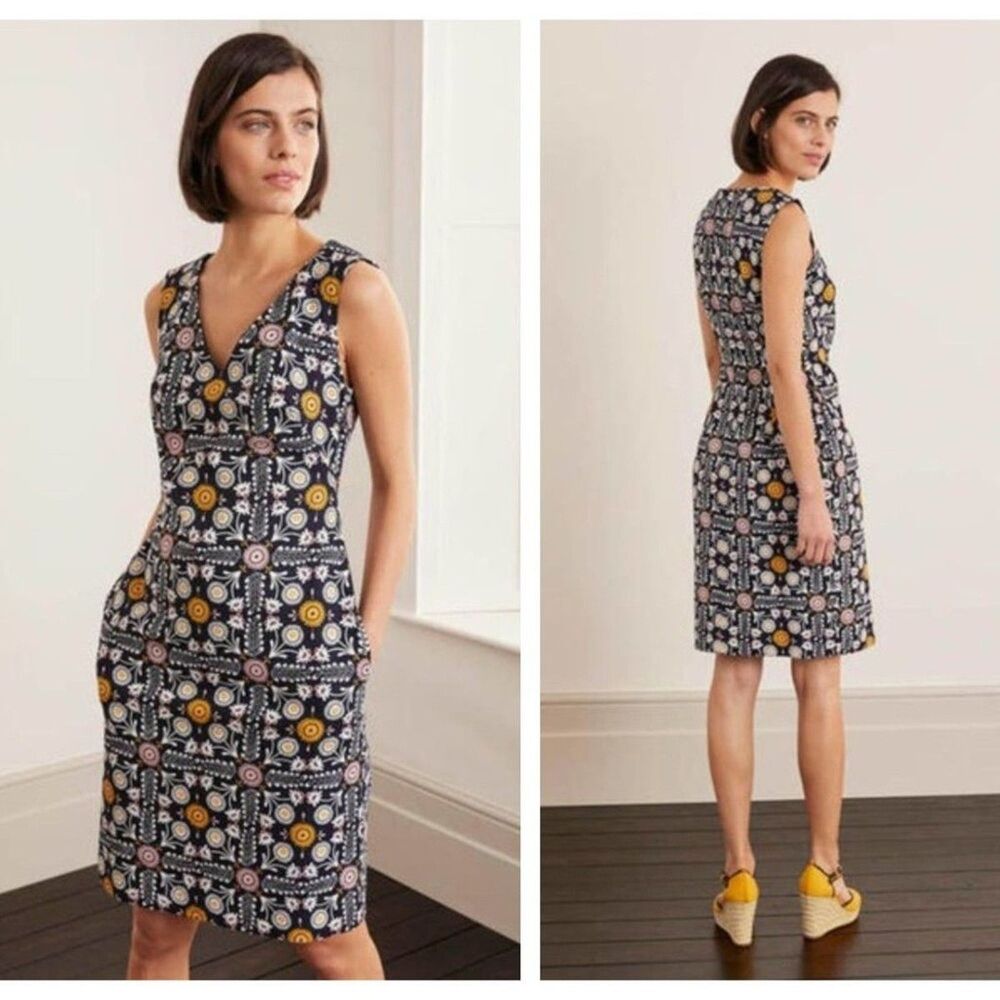 Boden Tatiana Textured Trellis Tile Floral Navy Blue Print Shift Dress Size 4R